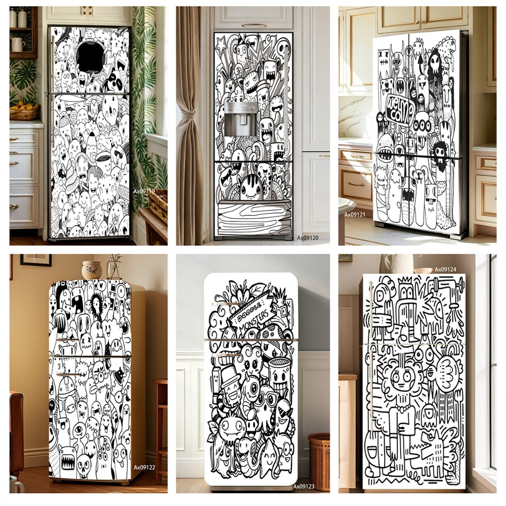 Full Cover Adhesive - Черно-белая наклейка на холодильник с рисунком